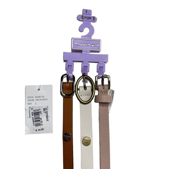 Set of Three Madden Girl Thin Belts White Pink British Tan Sz L NWT - Picture 2 of 6